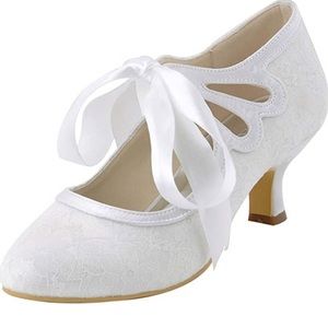 White lace low heels, never worn!!!